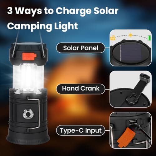 HOTUT Camping Lantern, Rechargeable Solar Camping Lights, Camping Lantern Battery Operated with Foldable Handle, Hand Crank and USB Charger, Portable Outdoor LED Camping Lights for Emergency Hiking — view 3
