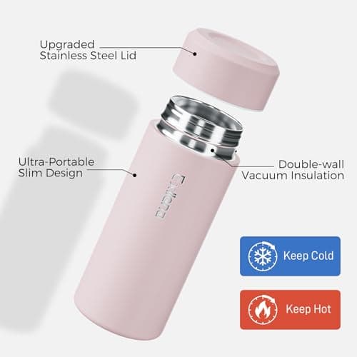 Exllena 【Upgraded】 Small Water Bottle for Handbag – 250ml Mini Flask for Hot & Cold Drinks, Perfect Small Insulated Water Bottle for Travel, Milk, Coffee...(Pink) — view 3