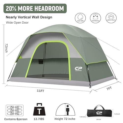 CAMPROS CP Large Family Tent for 6 People, Spacious Waterproof Camping Tent with 182 cm Standing Height, Easy Setup Dome Tent with Separate Living Space & Mesh Ventilation for Family Camping Holiday — view 2