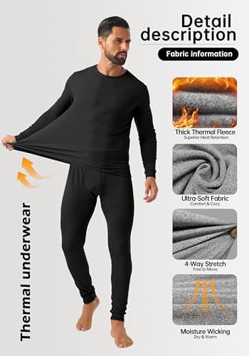 QIXING Men's Long Johns Thermal Underwear Set Fleece Lined Heavyweight Thermal Base Layer for Winter (Black, L) — view 2