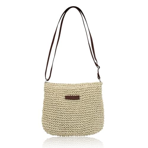 Bototack Straw Bag for Women, Small Summer Beach Crossbody Bag with Zipper and Adjustable Strap, Bohemian Weave Handmade Shoulder Handbags for Holiday Beach Travel (beige)