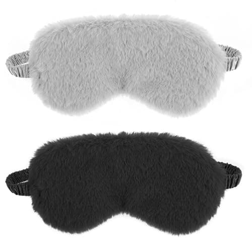 2 Pcs Plush Eye Mask Soft Sleeping Blindfold Eye Cover Comfortable Furry Faux Fur Sleeping Mask Satin Nap Night Eyeshade Cover for Women Men Gift (Black, Gray)