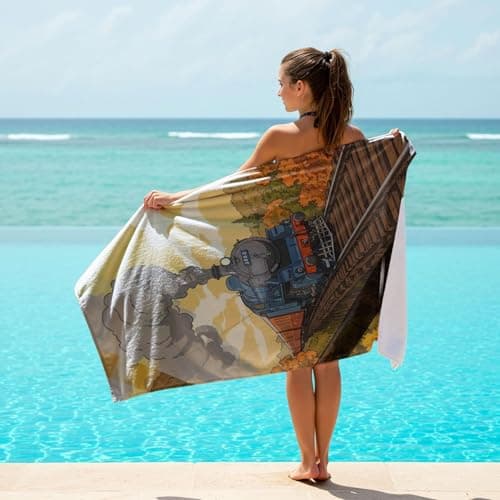 Vintage Train Travel Poster Beach Towel Retro Railroad Gifts for Train Lover Microfiber Sand Free Quick Dry Travel Bath Towel (style3,130cm x 80cm) — view 5