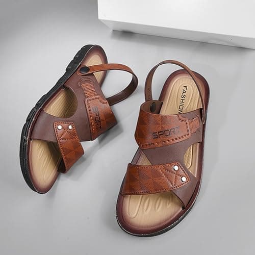 Mens Wide Fit Walking Sandals Leather Open Toe Sliders Flat Beach Shoes Back Strap Casual Hiking Outdoor Breathable Lightweight ArchSupport Orthopedic Slipper (Brown, 9) — view 4