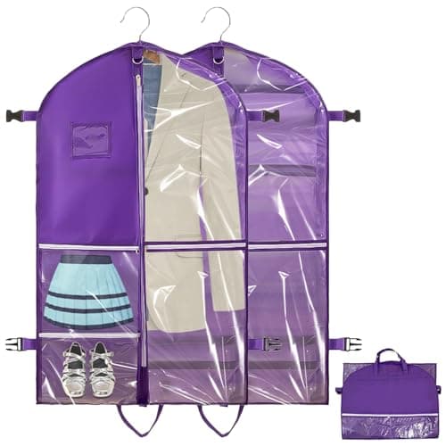 SPOKKI 2 Pcs 40 Inch Dance Costume Bag, Space-Saving Hanging Dress Bags with 5 Zippered Pockets, Waterproof & Foldable Travel Garment Bags with ID Slot - Ideal for Girl Dancers and Women (Purple)