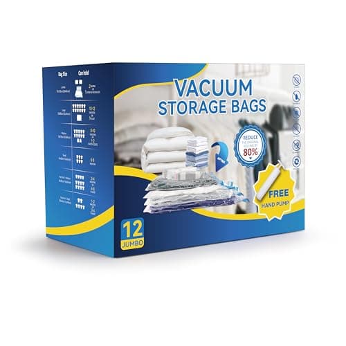 Vacuum Storage Bags for Clothes, Bedding, Duvets and Blankets, Heavy-Duty Space Saver Compression Bags with Airtight Double-Zip Seal, Leak-Proof Reusable Design, Hand Pump Included (12 Jumbo-100x70cm) — view 2