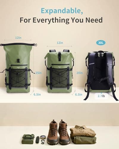 ECOHUB Waterproof Dry Bag Backpack, Roll Top Closure Heavy Duty Waterproof Backpack, Dry Bag Rucksack with IPX8 Waterproof Phone Case for Hiking, Kayaking, Boating, Camping, Fishing, 30L-Green — view 4