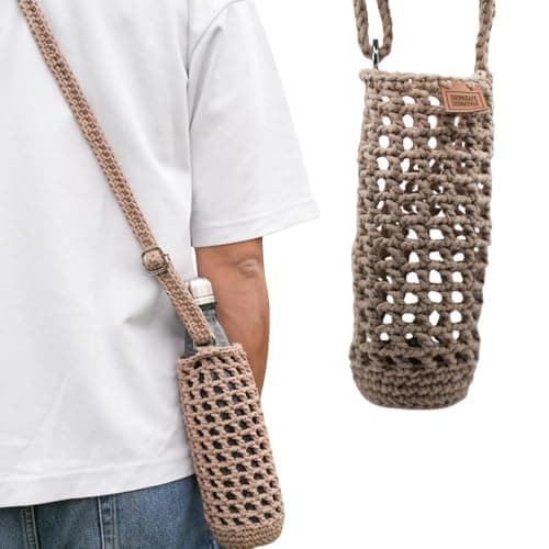 Handmade Recycled Cotton Crocheted Mesh Water Bottle Holder - Adjustable Shoulder Strap - Compatible with Bottles ≤1L | Lifestyle, Hiking, Festival & Travel