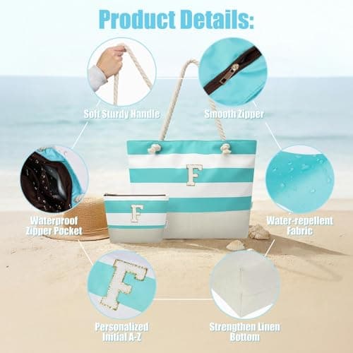 Vavabox Initial Beach Bag with Zip＆Pockets, Personalised Gifts for Women(L) — view 4