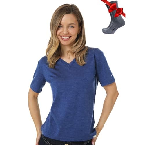 100% Merino Wool T Shirt Women - Merino Wool Base Layer Womens + Socks (Medium, Windsor Blue V)