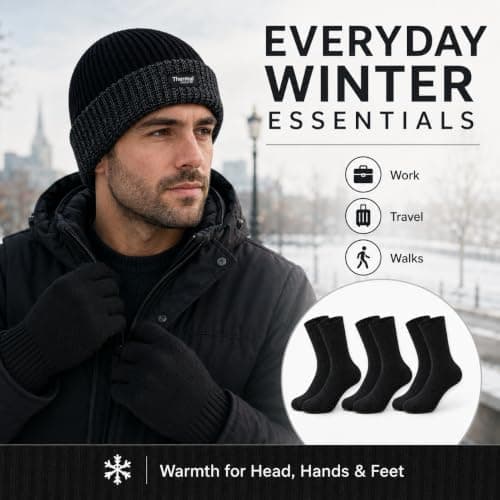 Mens Hat and Gloves Set with 3 Pairs Warm Thermal Socks for Winter Wear — view 5