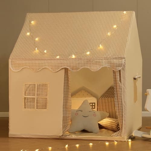 Kids Tent Playhouse with Star Lights and Tote Bags, Kids Play Tent Indoor & Outdoor, Washable Teepee Tent for Boys & Girls, Toy House for Toddler, Neutral Color Play Room Furniture (Beige-1) — view 2