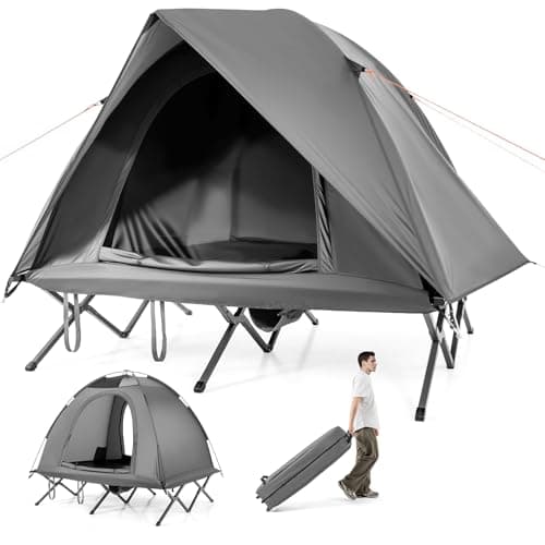 COSTWAY 2 Person Foldable Camping Tent, Elevated Tent Cot with Camping Bed, Waterproof Rainfly, 2 Mesh Doors and Wheeled Bag, Portable Outdoor Dome Tent (Round, Grey, 194 x 145 x 150 cm)