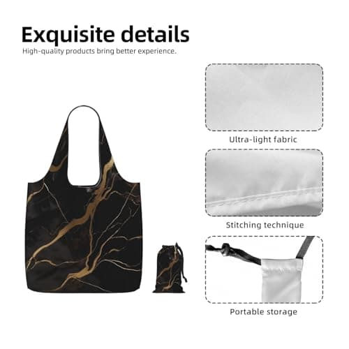 KKLWEGU Reusable Shopping Bags Lightweight Foldable Grocery Bags In Pocket,Washable Large Tote Bags Black Gold Marble Travel Shoulder Bag Gifts For Women Men — view 5
