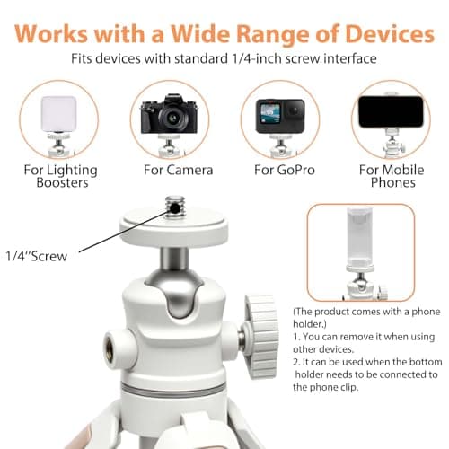 Mini Tripod with Phone Holder, Portable Extendable Tripod for Vlogging & Travel, Desk Camera Stand with 1/4" Screw & 360° Ball Head for DJI Action, Sony, Canon, Leica, Fujifilm (White) — view 2