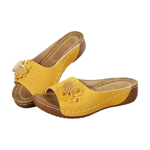 YIzdegg Women's Summer Elegant Arch Support Mules Orthopaedic Summer Sandals Open Cap Sandals Leather Vintage Sandals Summer Shoes Outdoor Leisure Shoes, yellow, 5 UK
