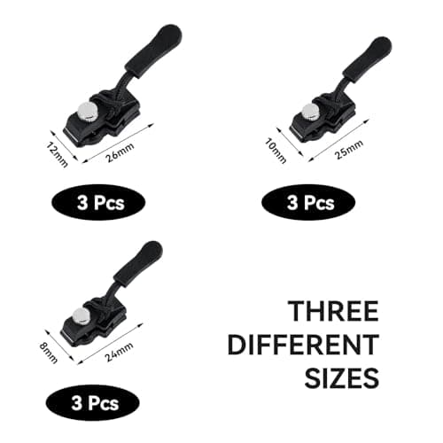 9 PCS Zipper Repair Kit,Black Universal Zipper Repairer,Slider Puller Replacement,Metal Zip Puller Zippe Pull,3 Sizes Instant Zippers Rescue Fix for #3#5#8 Zipper Luggage,for Jackets,Luggage,Zippers — view 2