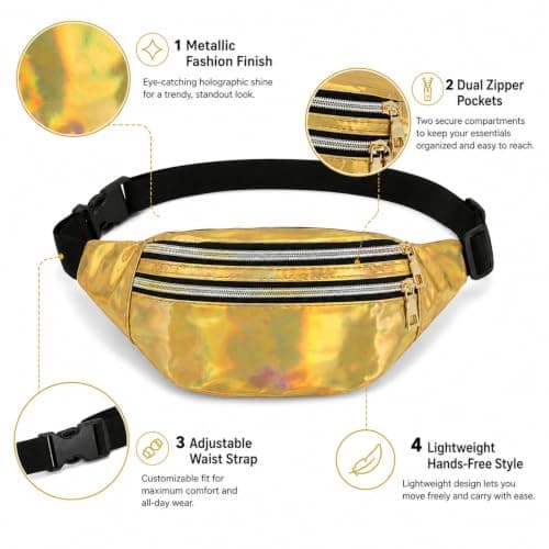 Fashion Metallic Bum Bag,Holographic Waist BagFanny Double Zipper Belt Bag Festival Rave Bumbags Waterproof Hip Pouch for Women Ladies Girls Travel Party Festival Sports Outdoor (Gold) — view 3
