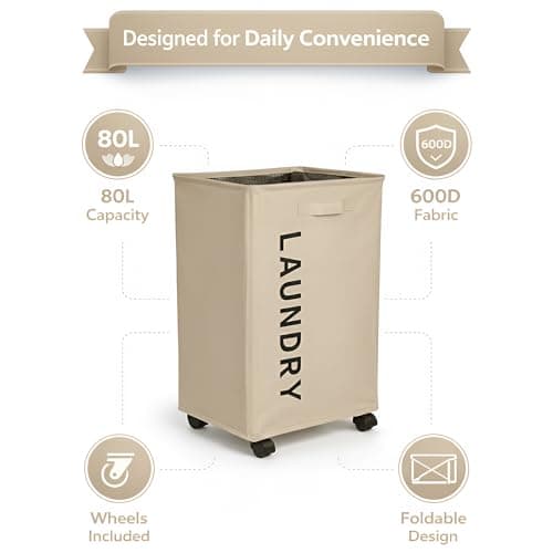 Large 80L Rolling Laundry Hamper | Foldable Clothes Basket with Wheels | Freestanding Washing Bin | Moisture Proof Oxford Fabric Storage Organizer |Beige — view 3