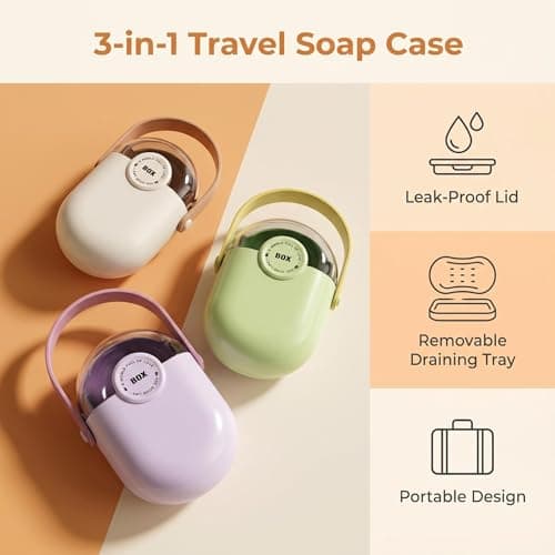 Travel Soap Case, Soap Box & Travel Soap Dish, 3 Pcs Plastic with Lid, Drainage & Leakproof, Removable Tray for Air Drying, Lightweight & Portable for Bathroom Shower Gym Camping, White, Green, Purple — view 2