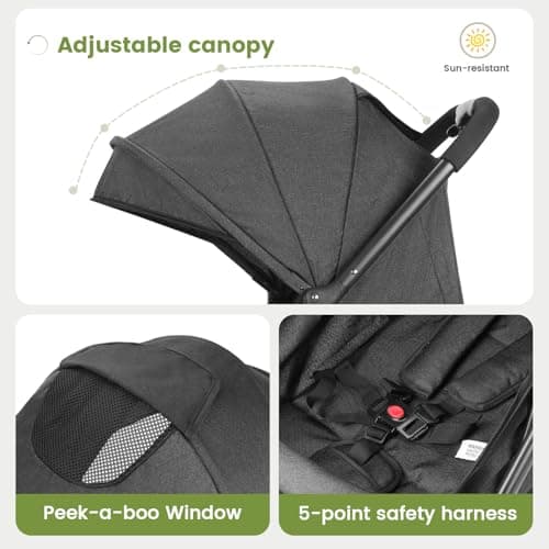 Convenience Baby Stroller – Lightweight & Compact Travel Umbrella Stroller, Quick One-Hand Fold, Lockable Rear Wheels, Adjustable Canopy, 5-Point Safety Harness & Shopping Basket (Black) — view 5