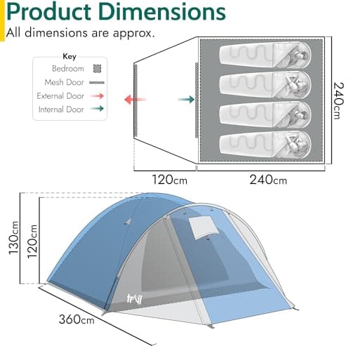 Trail Bracken 4 Man Tent With Porch, 3000mm Waterproof Rating, Double Skin Dome Tent with Darkened Bedroom, Lightweight for Camping and Festivals, Bag Included (360cm x 240cm x 130cm) — view 6