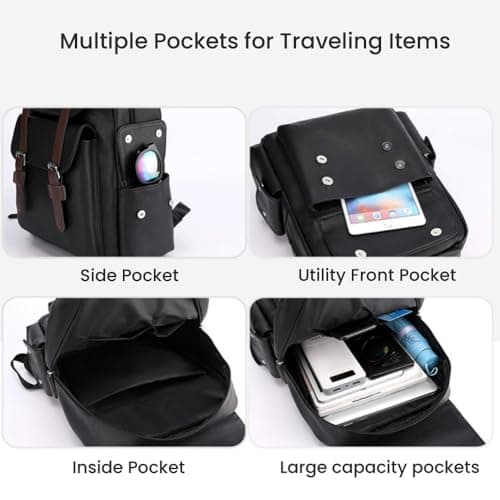 FUNSEED Backpack for Men, Large Capacity 15.6in Laptop Bag Vintage PU Leather Shoulder Bag for Travel Work, Brown, L, Fashion — view 6