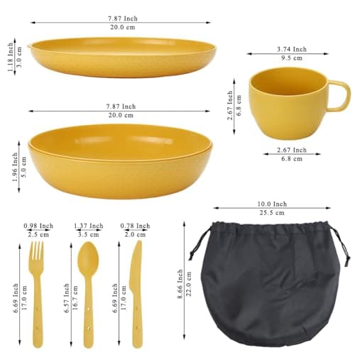 Berglander Camping Mess Kit with Bowl, Plate, Cup, Spoon, Fork, Knife and Carry Bag, Save Space, Easy to Carry, Plastic Camping Essentials Utensils for Travel, Picnic, Outdoor (Gold Yellow) — view 2