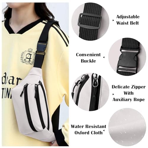 Risipu Bum Bag for Men Women, Lightweight Water-Resistant Waist Packs with Adjustable Belt & 3 Zipper Pockets, Fashionable Fanny Pack for Travel, Running, Hiking, Cycling (White) — view 5