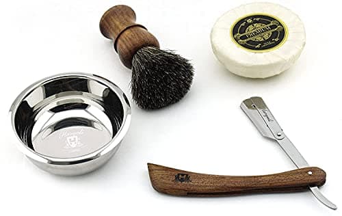 4pcs Wooden Shaving Set for Men – Classic Wet Shave Kit with Cut Throat Razor, Black Badger Hair Shaving Brush, Shaving Soap & Stainless Steel Shaving Bowl –Mens Grooming Set for Beard Care — view 2