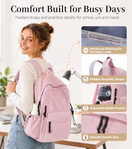 FIORETTO Backpack Womens School Bag Girls Boys, Lightweight Water-Resistant Fits 15.6” Laptop Large Capacity Rucksack with Rain Cover, Ideal for School College Commuting Travel Pink — view 4