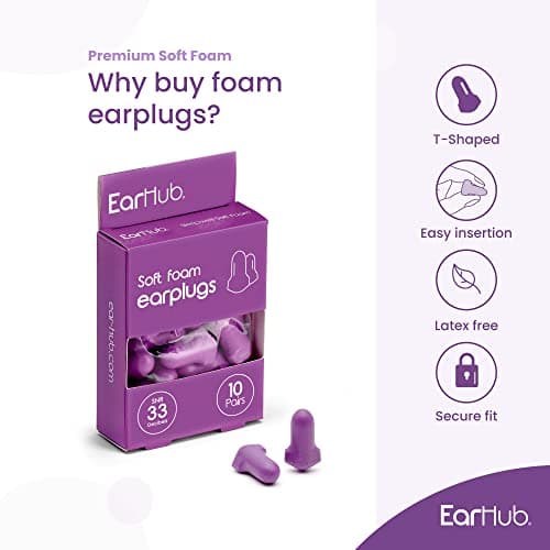 EarHub Sleepwell Soft Foam Earplugs, Hearing Protection 33dB, Ear Plugs Best Used for Sleep, Also Used for Travel, Work, Study & Concerts, Purple, 10 Pairs — view 6