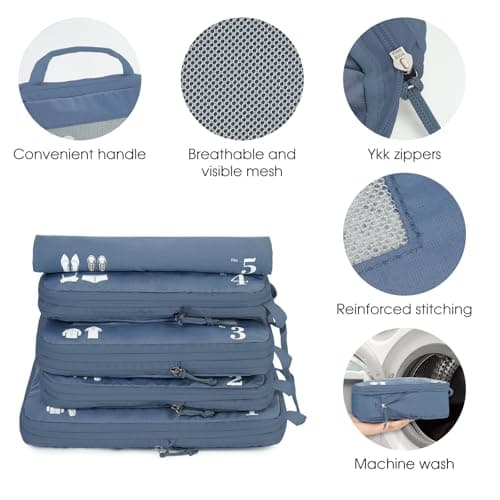 ECOHUB 5 Set Compression Packing Cubes for Suitcases Organiser Bags Travel Accessories with Shoes Bag Tear-resistant Travel Cubes with ID Tag Expandable Packing Bags(Pure Blue) — view 6