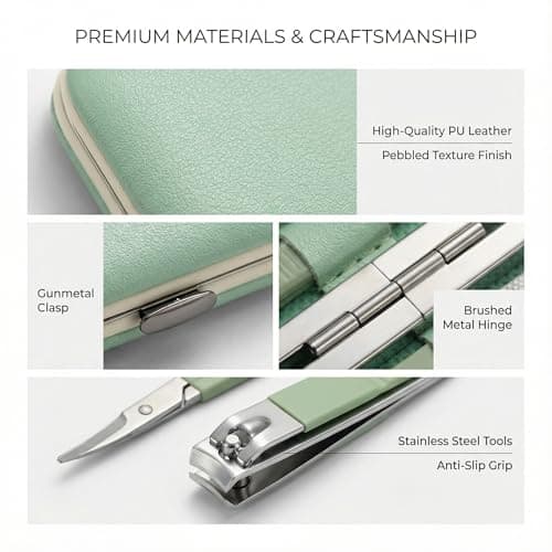 Barpre Manicure Set Professional - 10 Piece Stainless Steel Nail Clippers Kit & Pedicure Tools, Grooming Kit for Men & Women, Sharp Nail Cutter with Luxury Green Travel Leather Case — view 3