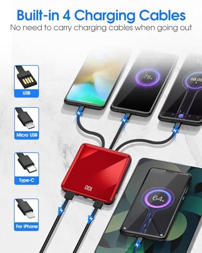 Portable Charger, 10000mAh Power Bank with Built in 4 Cables, Slim Smallest Portable Charger LED Display, External Battery Pack Travel Essential Phone Charger for iPhone Samsung iPad Android (Red) — view 4