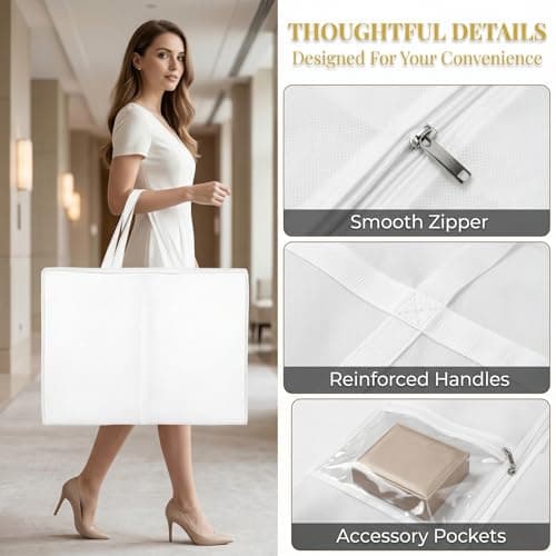 Vesavifaka Garment Bag Long 180 x 60 cm, Moth-Proof Garment Bags – Garment Bag Suit, Wedding Dress Cover with Handle, Foldable Garment Cover with Zippered Pockets, White — view 5