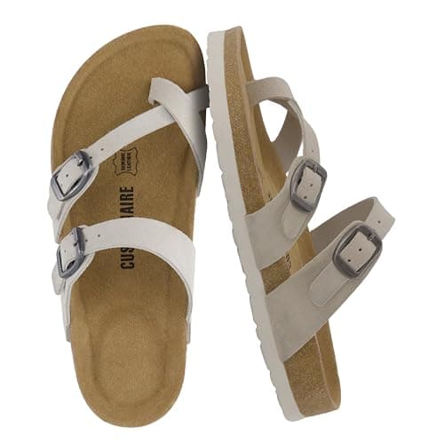 CUSHIONAIRE Lucky 100% Genuine Leather Suede Womens Sandals, Comfortable Cork Footbed Slides for Women with Adjustable Buckles, Stone, 5.5 UK Wide