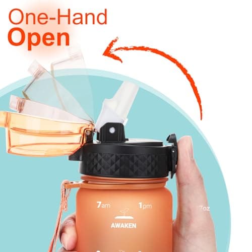 GOPPUS 500ml/17oz Kids Water Bottles with Straw Tritan Childrens Bottle with Flip Top Lid BPA Free Measured Drinks Bottle with Strap Sports Reusable Time Markings Leakproof (Orange Green) — view 2