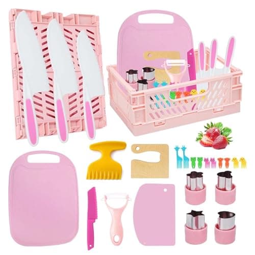 Kids kitchen knife Set for Chopping 24PCS Mini Chef Kids Cooking Knife Set with Toddler Knife,Foldable Storage Box,Crinkle Cutter,Cookie Cutters and more for 4 5 6 Years Boys Girls Birthday Gifts