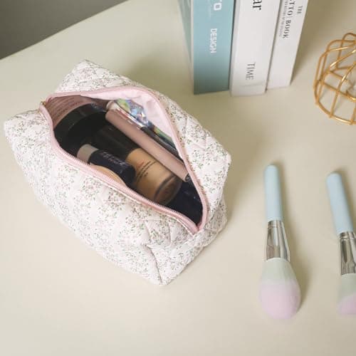 Square Floral Cosmetic Bag for Women, Quilted Large Capacity Makeup Pouch with Zipper Closure - Aesthetic Cotton Travel Toiletry Organizer (Pink) — view 4