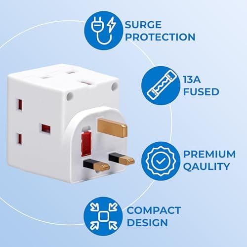 Double Dragon 3 Way Plug Adapter UK, 3 Pin Plug Adapter 3 Way 13Amp Wall Socket Adapter, Multi Plug Extender Socket Splitter Extension Block for Kitchen, Home, Office — view 3