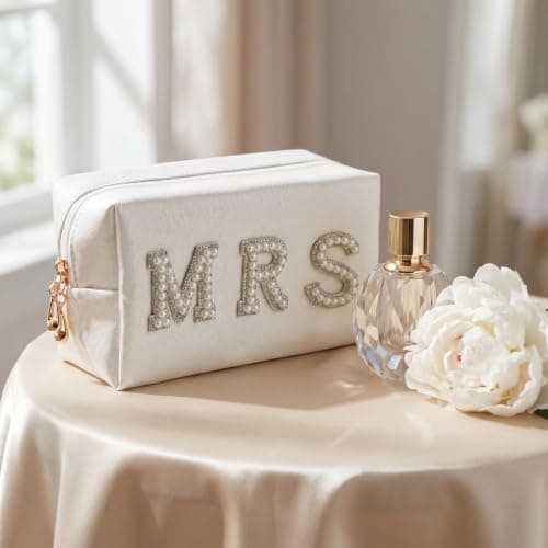 Kemay Bride Cosmetic Bag, Waterproof PU Leather Makeup Bag with Pearl Rhinestone MRS Letters, Bridal Shower Gift, Wedding Emergency Kit Travel Organizer — view 6