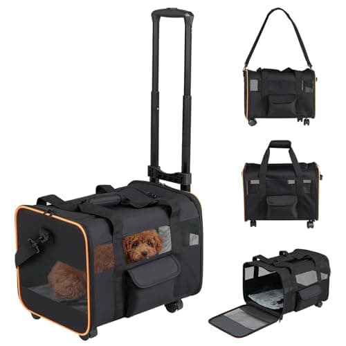 COSTWAY Portable Rolling Pet Carrier, Foldable Soft-sided Dog Travel Crate with Wheels, Telescopic Handle, Shoulder Strap, Washable Pad, Safety Leash, Mesh Opening & Pocket (Black, 43 x 33 x 32cm)