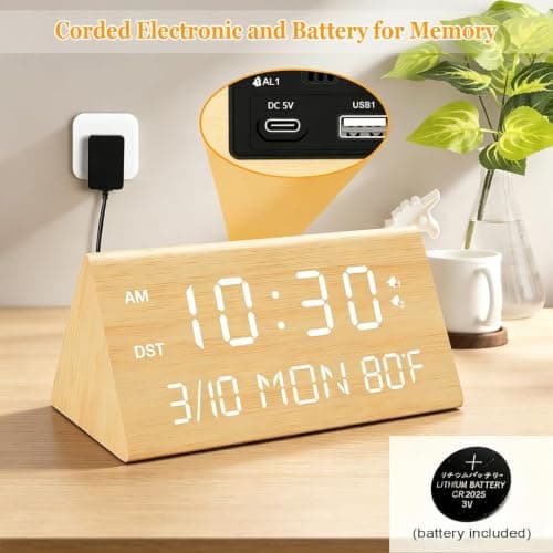 Kogonee Wooden Digital Alarm Clock, 0-100% Dimmer, 2 Alarm Settings, Weekday/Everyday Mode, 9 Mins Snooze, 12/24H, Temperature and Date Display for Office, Travel, Bedroom Alarm Clock (Bamboo) — view 2