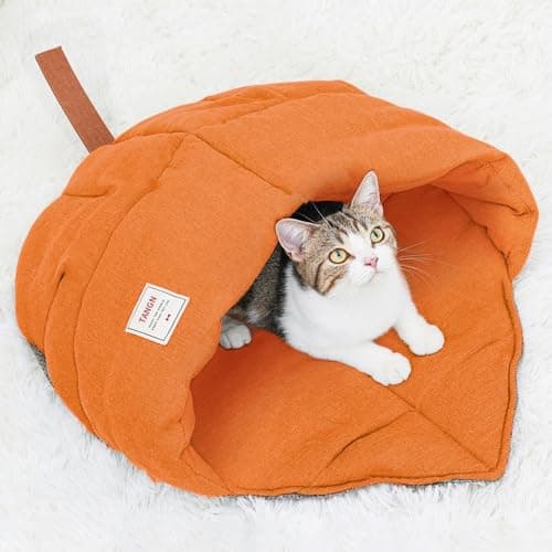 TANGN Cat Sleeping Bag, Linen Fabric Bed Cave Leaf Nest Pet Cuddle Zone Covered Hide Hood Burrowing Cozy Soft Durable Washable with Non-Slip Bottom for Indoor Puppy and Kitten (Orange)