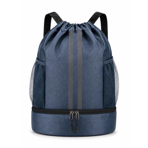 Waterproof Drawstring Bag, PE Kit Bag with Shoe Compartment Navy Blue