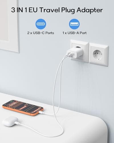 2 Pcak UK to European Plug Adapter, Fast Charging EU Europe Travel Adapter with 2 USB C and 1 USB A, European to UK Plug Adaptor for France Spain Portugal Germany Iceland Greece Denmark Turkey, etc — view 2