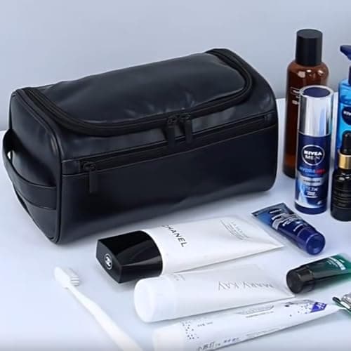 PU Leather Toiletry Bag for Men, Dark Brown Wash Bag for Travel, Gym & Shaving, Dry & Wet Separation with 3 Compartments - Perfect Men's Washbag (Black) — view 6