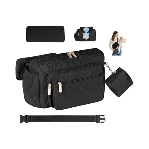 Rexmore Puffer Quilted Fanny Pack Diaper Bag for Mom - Women‘s Compact Crossbody Purse with Portable Changing Pad & Wipes Pouch, Travel & Quick Errand Baby Essentials Organizer, Black, 11 x 3.15 x