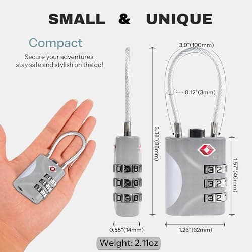 UP Security Travel Luggage Locks TSA Approved, Small Combination Padlock with Cable, Combo TSA Lock for Suitcase, Locker & Gym, Cabinet, Bag Zipper, Lock with Code for Travel Accessories (Silver) — view 2